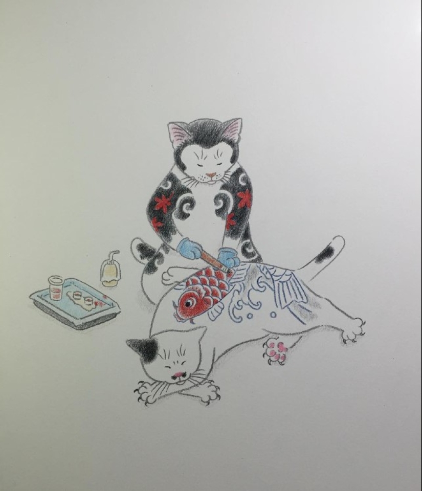 Magnificent tattoos in the form of tattooed cats from a Japanese artist