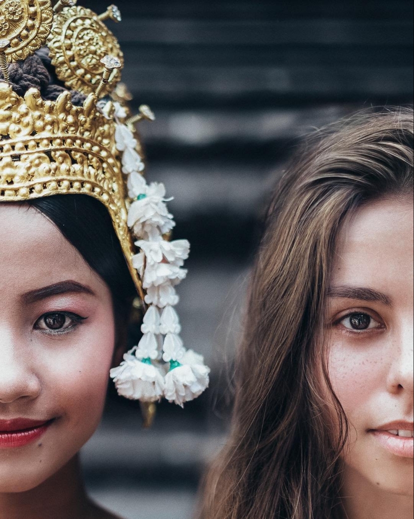 Mujer rusa que muestra la belleza de las niñas de todo el mundo, haciendo de ellos un conjunto de fotos