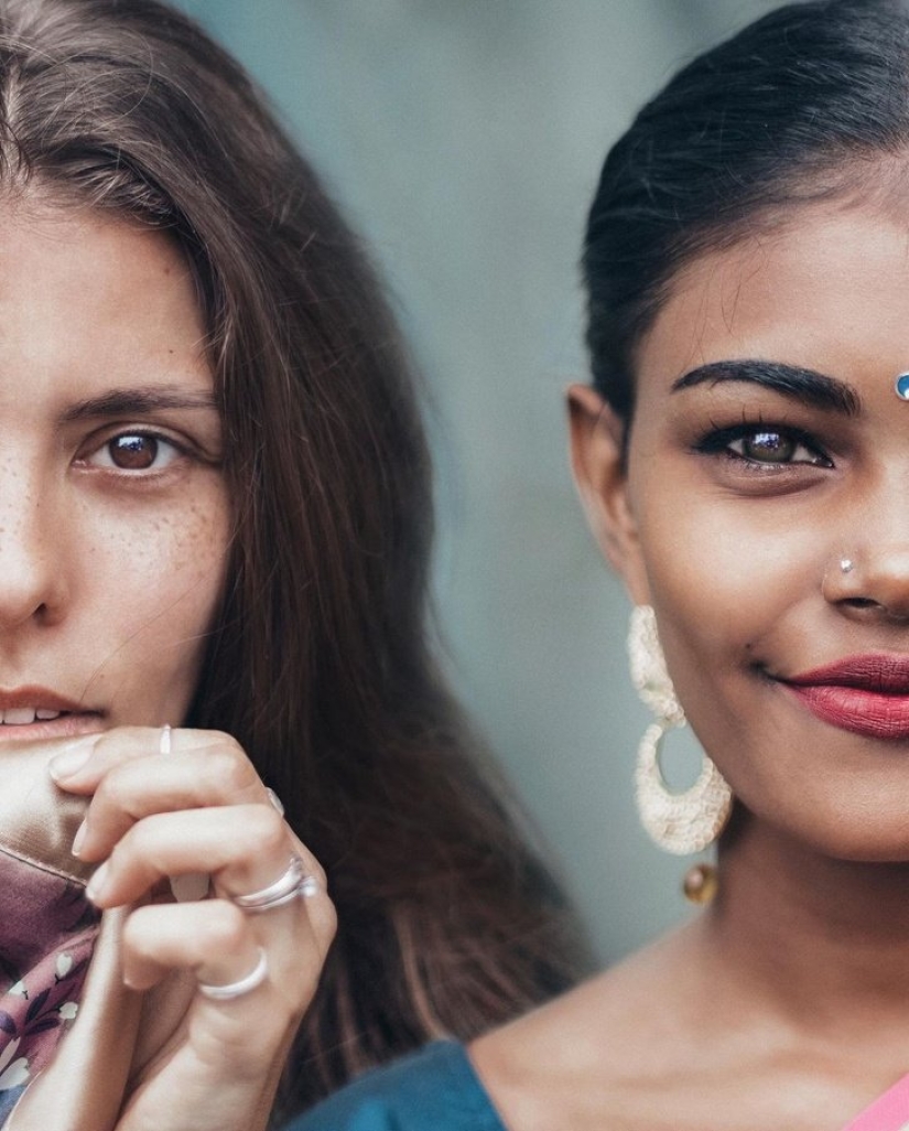 Mujer rusa que muestra la belleza de las niñas de todo el mundo, haciendo de ellos un conjunto de fotos