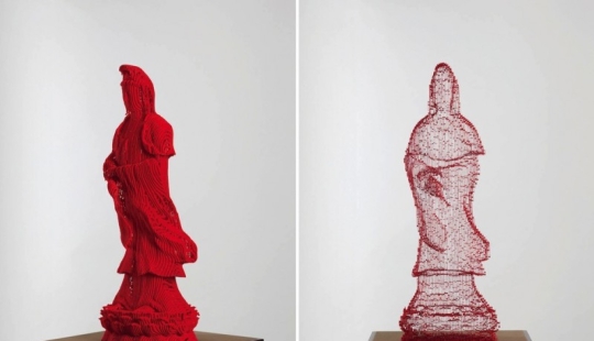 Multilayered paper sculptures that are at a certain angle become nearly invisible