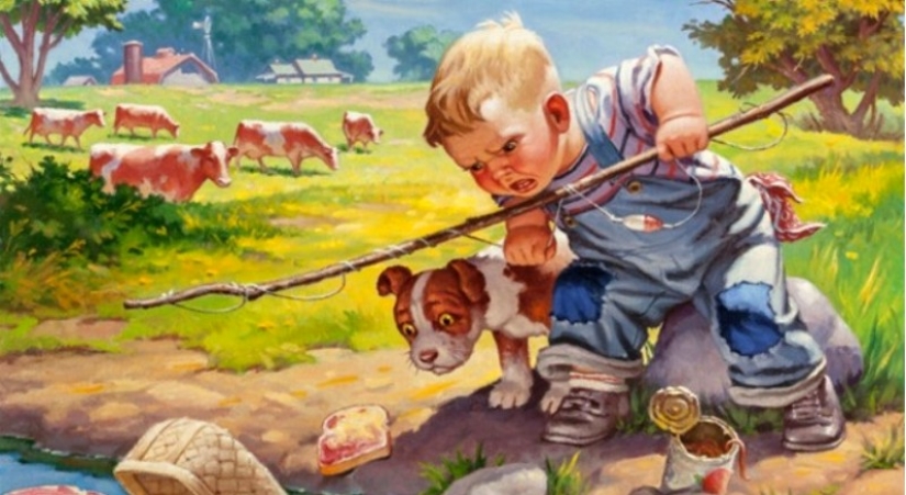 Niños pequeños traviesos del ilustrador Raymond James Stewart