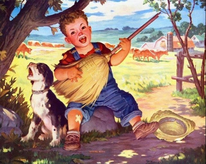 Niños pequeños traviesos del ilustrador Raymond James Stewart