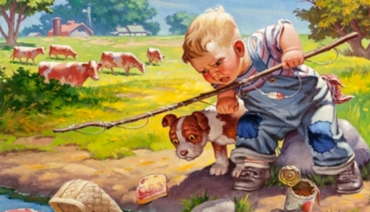 Niños pequeños traviesos del ilustrador Raymond James Stewart