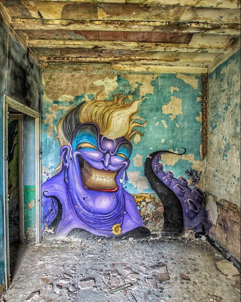 Obra de graffiti oscuramente retorcida con personajes populares de David Lozano