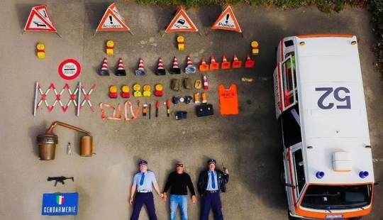 Rescue vehicles, medics, firefighters and their contents