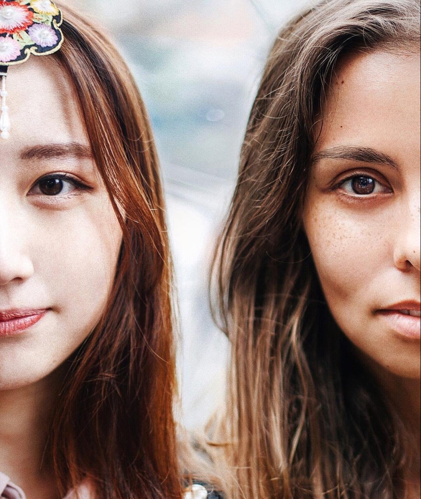 Russian woman demonstrates the beauty of girls from all over the world, making them a joint photo