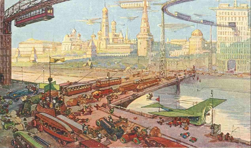 "Sbitenschiki are sneaking around on air sleds": Moscow of the 22-23 centuries on postcards of 1914