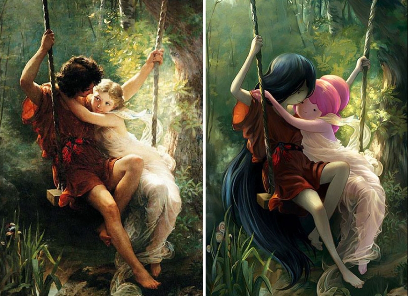The artist adds anime characters to the classic canvases
