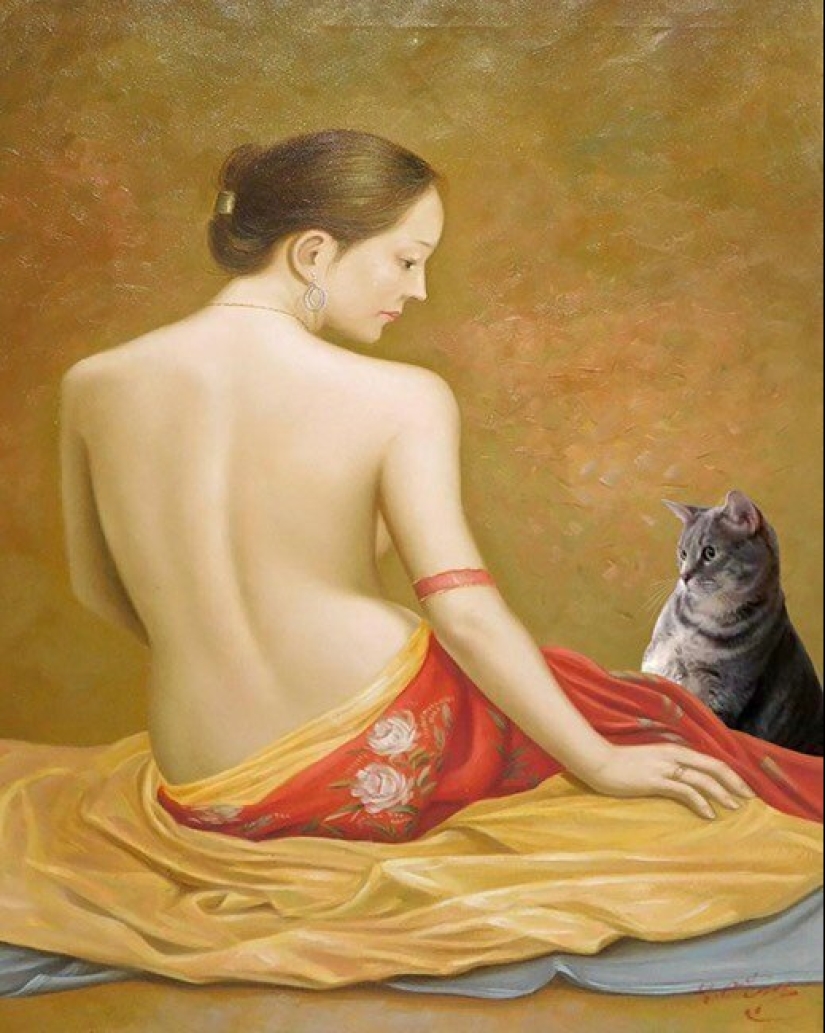 The artist made the paintings of the old masters even better by adding cats there