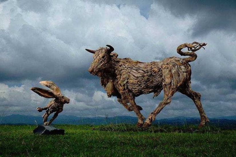 The artist turned driftwood into beautiful sculptures of moving animals