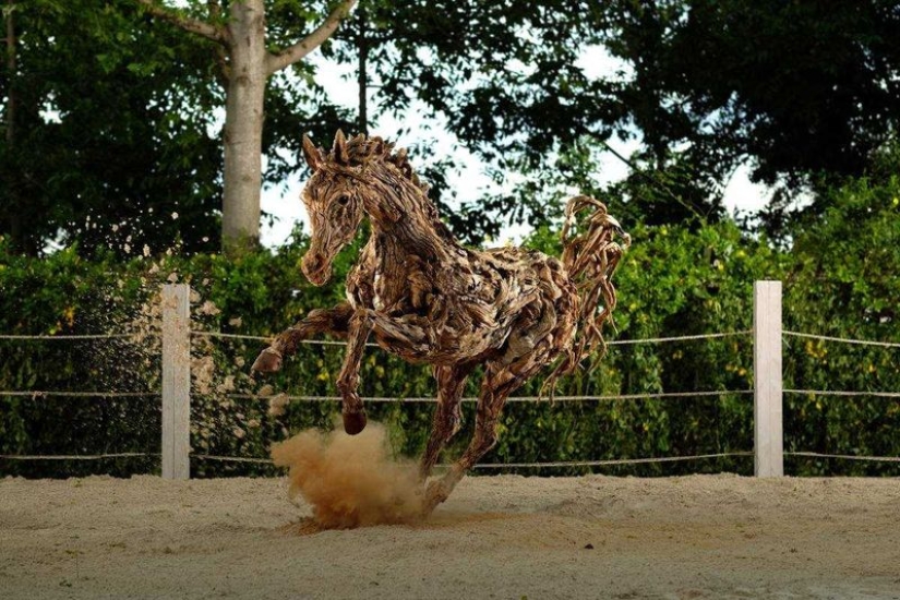 The artist turned driftwood into beautiful sculptures of moving animals