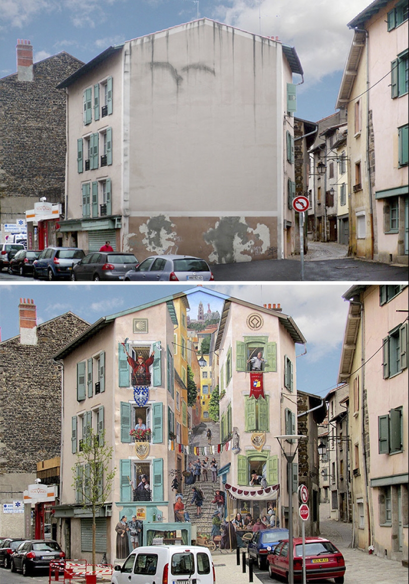 The artist turns boring facades into bright scenes full of life