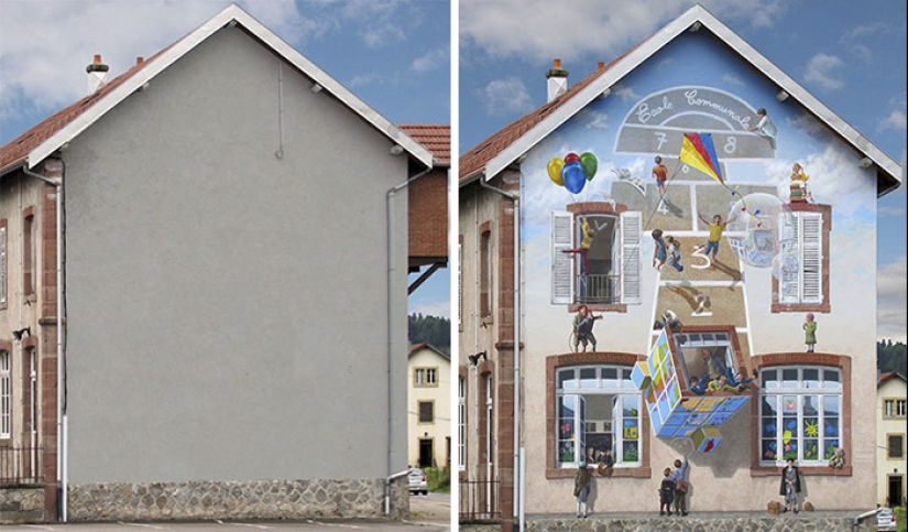 The artist turns boring facades into bright scenes full of life