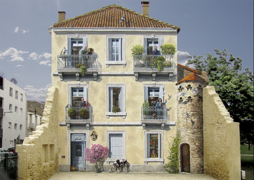 The artist turns boring facades into bright scenes full of life