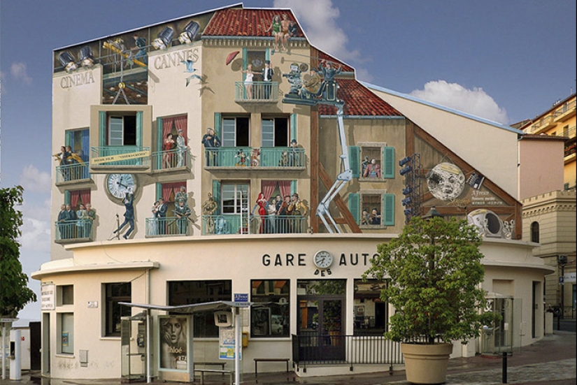 The artist turns boring facades into bright scenes full of life