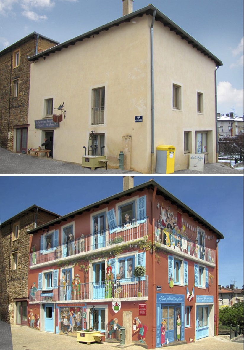 The artist turns boring facades into bright scenes full of life