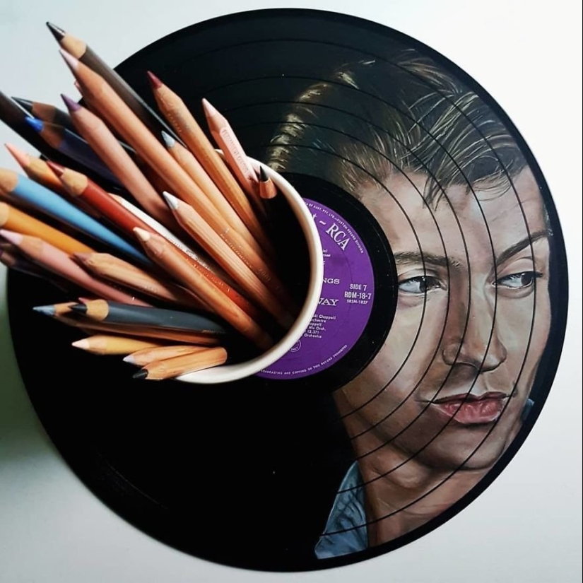 The artist turns old vinyl records into works of art