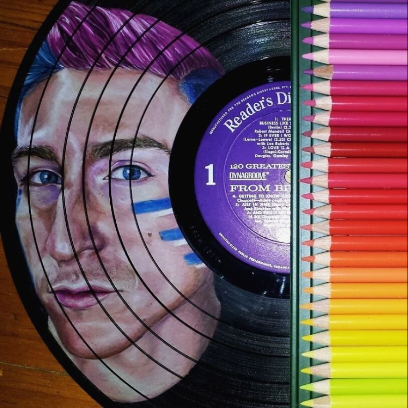 The artist turns old vinyl records into works of art