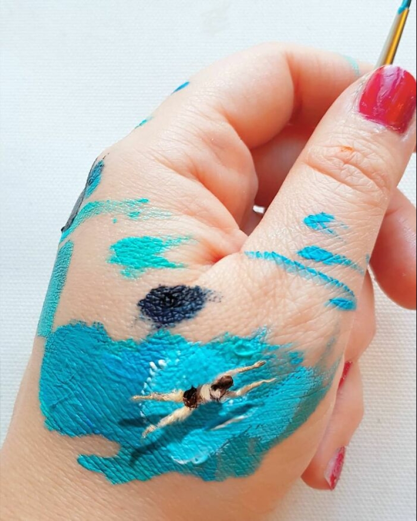 The artist uses her hands as a canvas to show hidden worlds