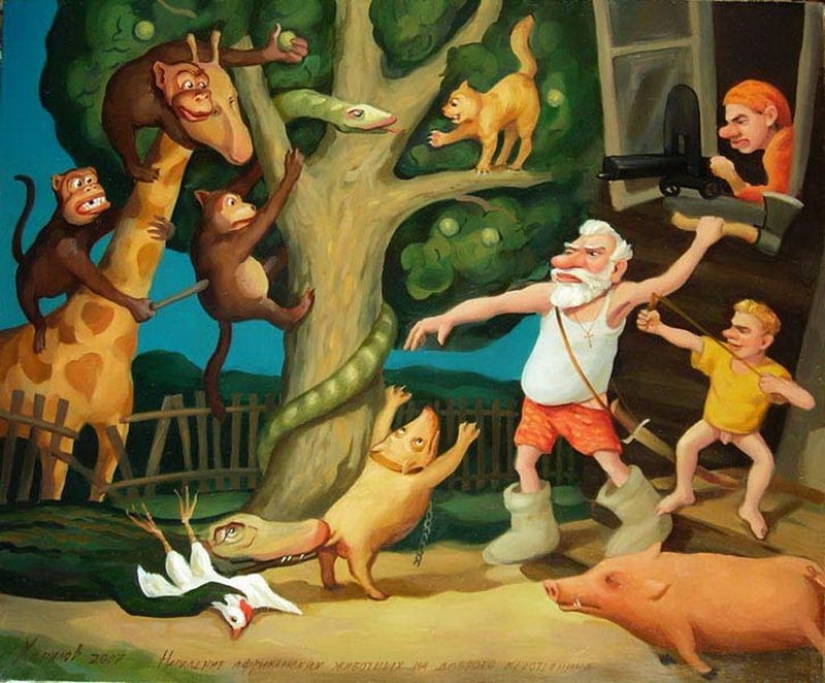 "The attack of African animals on a good peasant" and other psychedelic paintings by Nikolai Hapilov