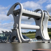 The Falkirk Wheel is a unique rotating structure that lifts entire ships