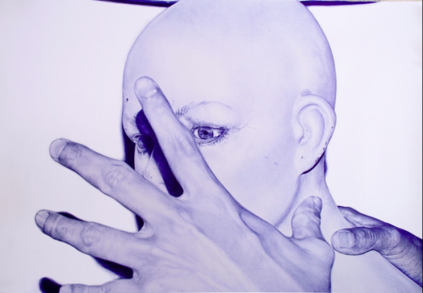 The superiority of blue: a young man writes fascinating pictures with a ballpoint pen