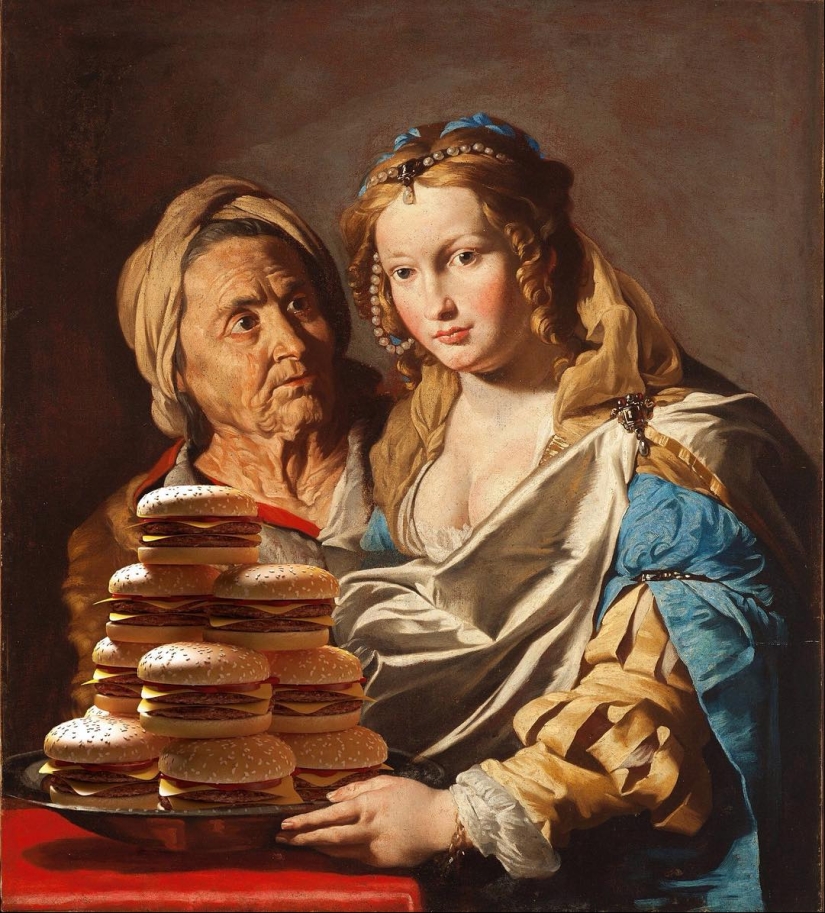 "Tu hamburguesa, Madonna" : los héroes de las pinturas renacentistas devoran montañas de comida rápida