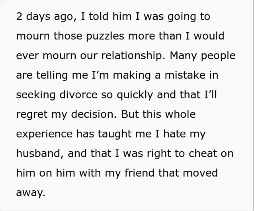 “Un desperdicio de una cara bonita”: una mujer se divorcia de su marido de 6 años por un rompecabezas
