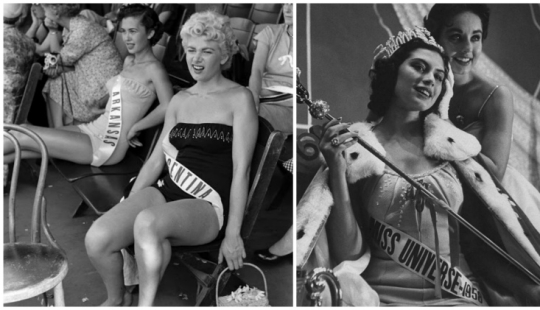 Watching the participants of the contest "Miss universe" 50 years