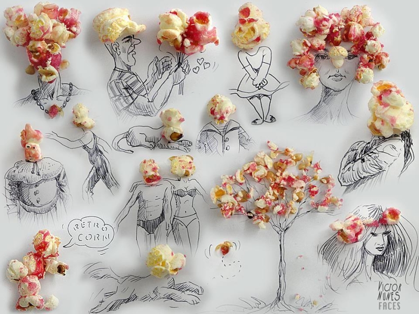 What do drawings of food and improvised items look like