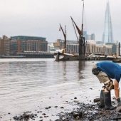 Who are madlarks and what do they look for in the mud on the banks of the Thames?