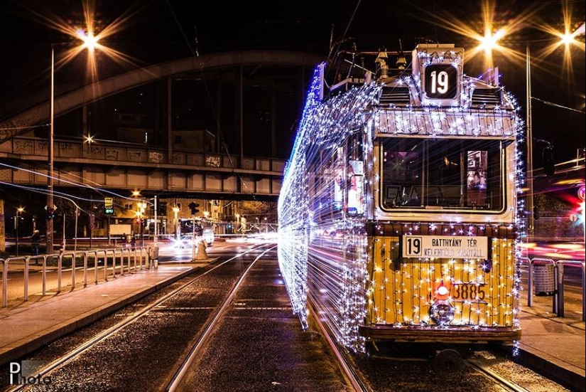 Wonderful luminous trams in Budapest at night