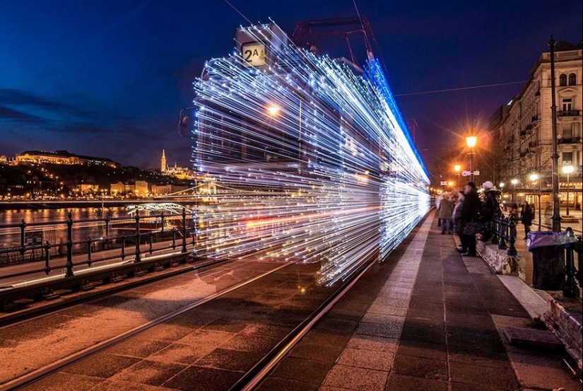 Wonderful luminous trams in Budapest at night