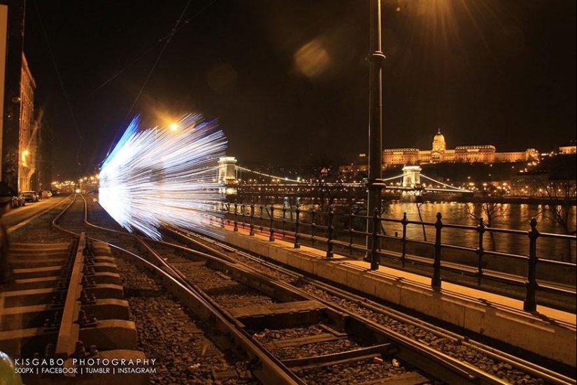 Wonderful luminous trams in Budapest at night