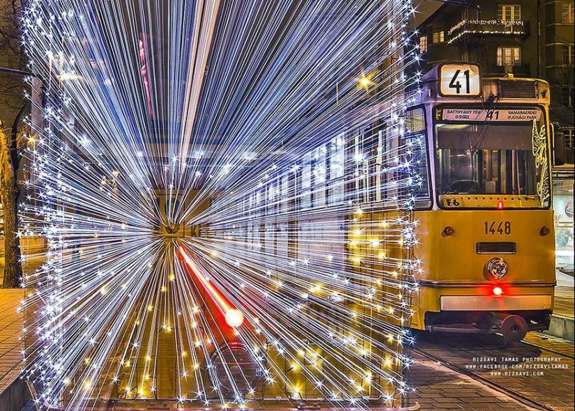 Wonderful luminous trams in Budapest at night