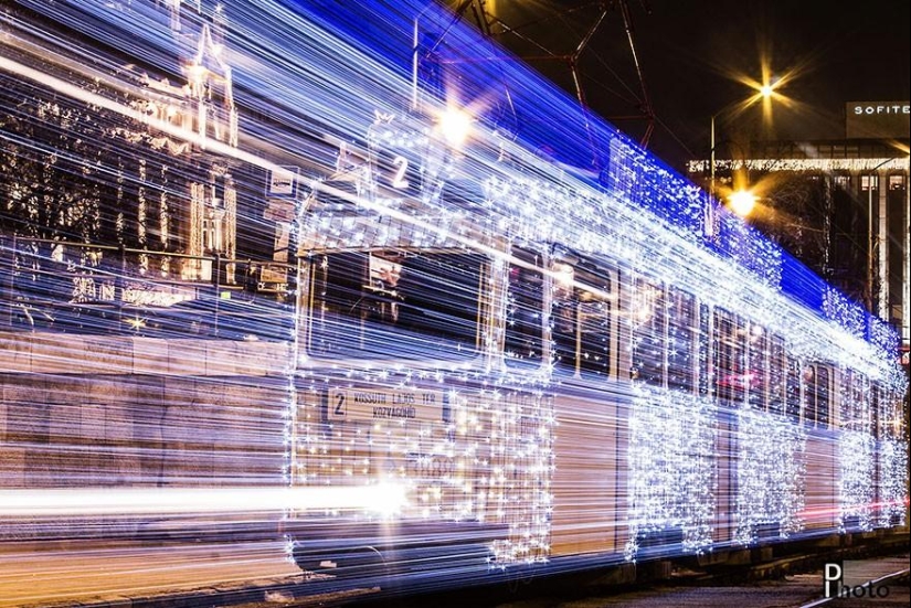 Wonderful luminous trams in Budapest at night