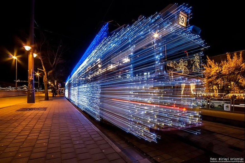 Wonderful luminous trams in Budapest at night