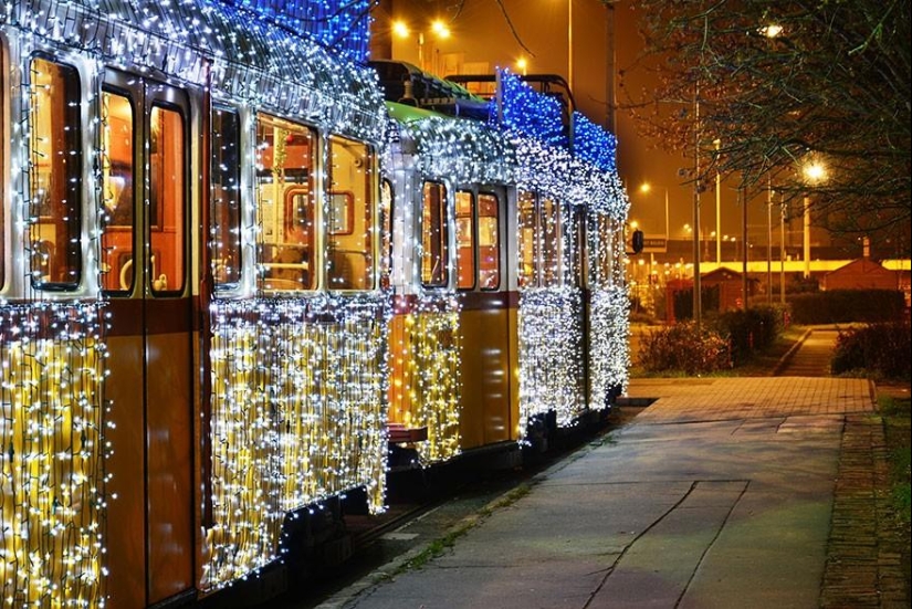 Wonderful luminous trams in Budapest at night