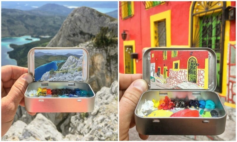 Artista dibuja las miniaturas de los paisajes en las cajas del caramelo