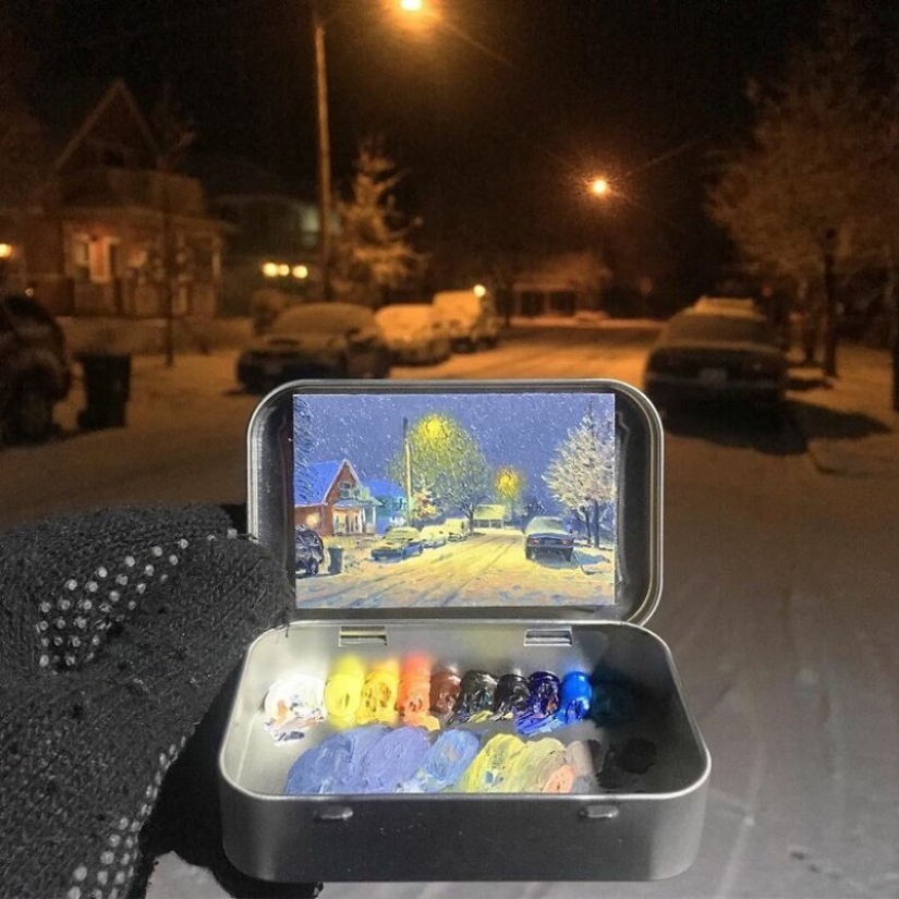 Artista dibuja las miniaturas de los paisajes en las cajas del caramelo