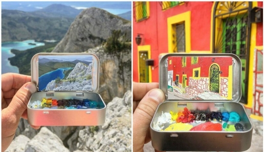 Artista dibuja las miniaturas de los paisajes en las cajas del caramelo Artista dibuja las miniaturas de los paisajes en las cajas del caramelo