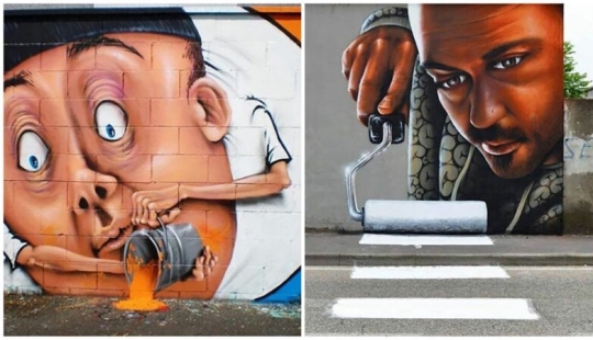 Callejero interactivo de arte: el artista entra en 3D pinturas en la calle