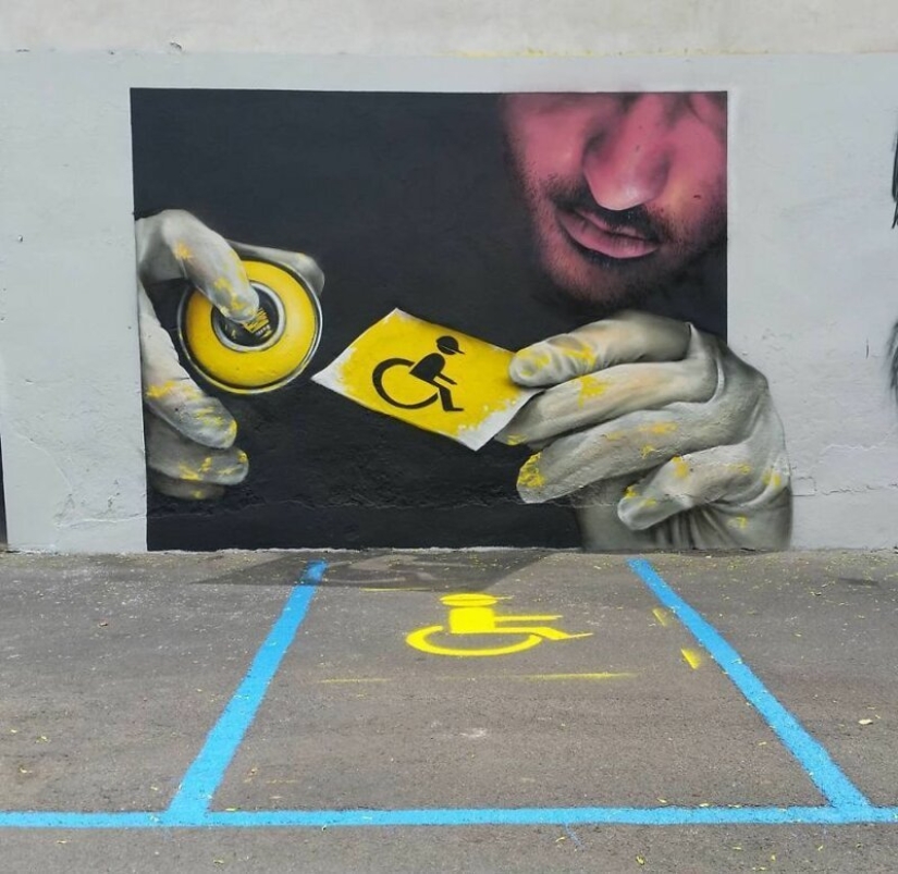 Callejero interactivo de arte: el artista entra en 3D pinturas en la calle