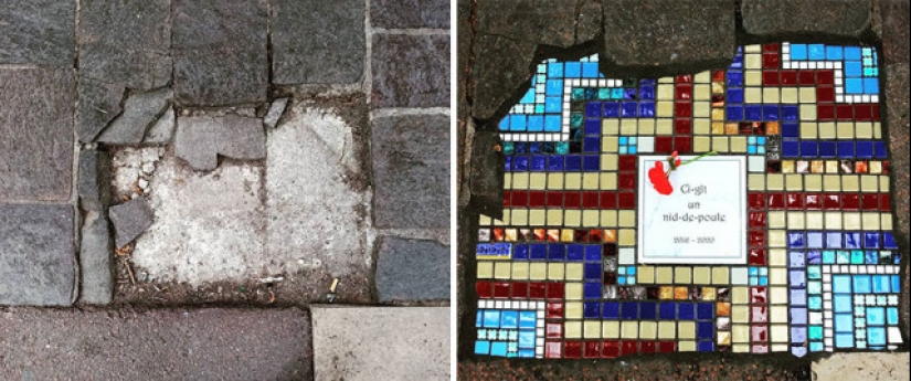 Cirujano vial de Lyon: Artista callejero remienda baches con mosaicos