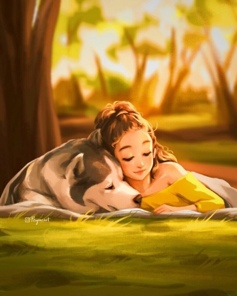 Cute drawings of a girl under the nickname Peijin about how animals improve our lives