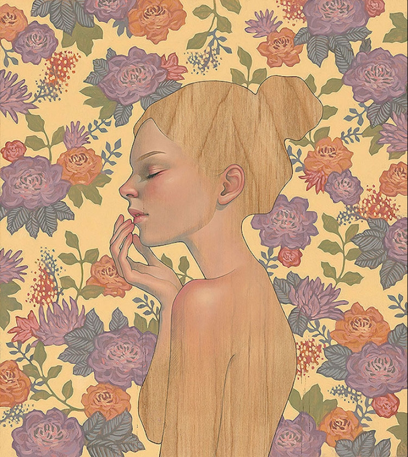 Delicate and Seductive Wood Paintings by Audrey Kawasaki