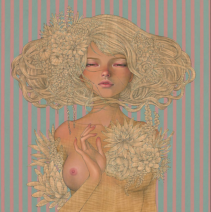 Delicate and Seductive Wood Paintings by Audrey Kawasaki