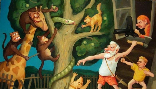 "El ataque de animales africanos a un buen campesino" y otras pinturas psicodélicas de Nikolai Hapilov