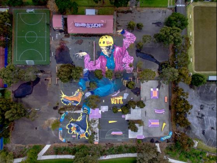 Giant murals on the ground by Australian Kitt Bennett