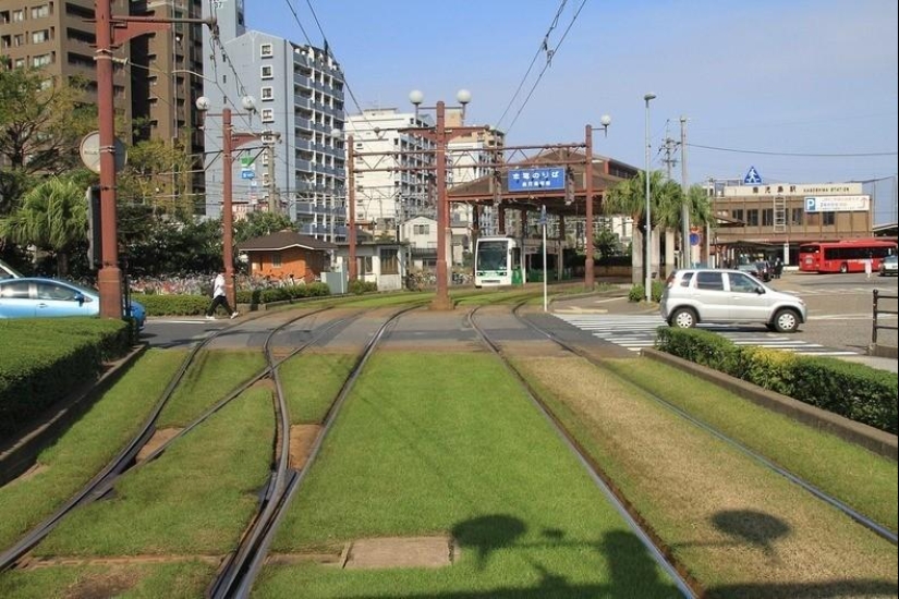 Green tram tracks in Europe